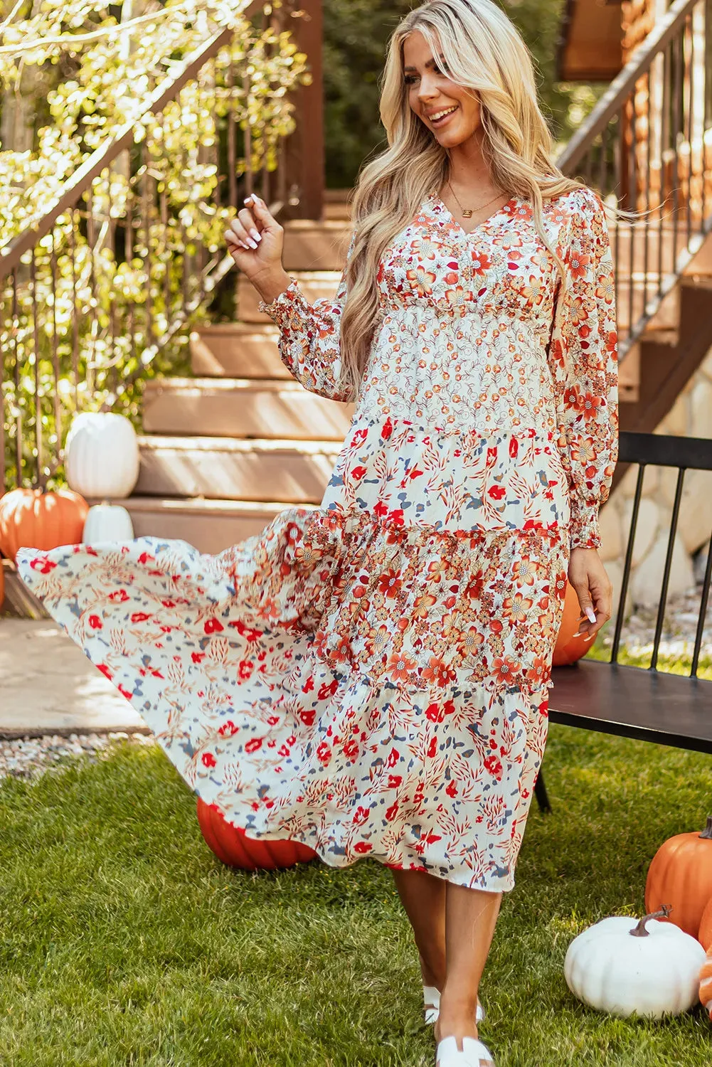 🌼 Full Size Printed V-Neck Lantern Sleeve Midi Dress 🌼