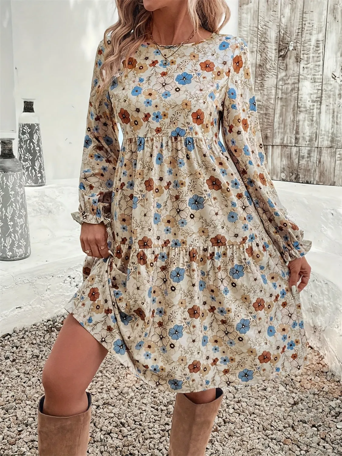 🌸 Ruffled Printed Round Neck Long Sleeve Dress 🌸