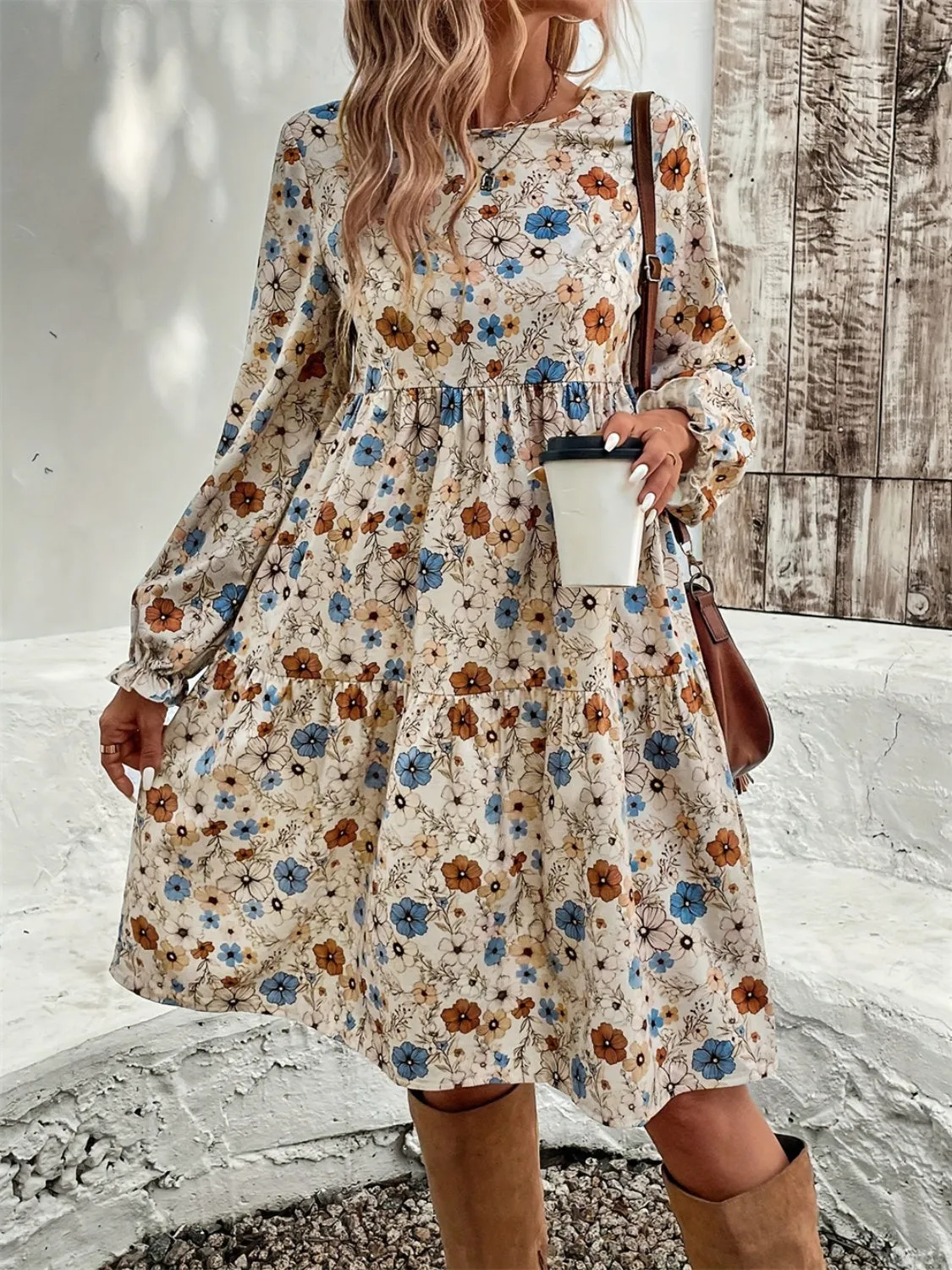 🌸 Ruffled Printed Round Neck Long Sleeve Dress 🌸