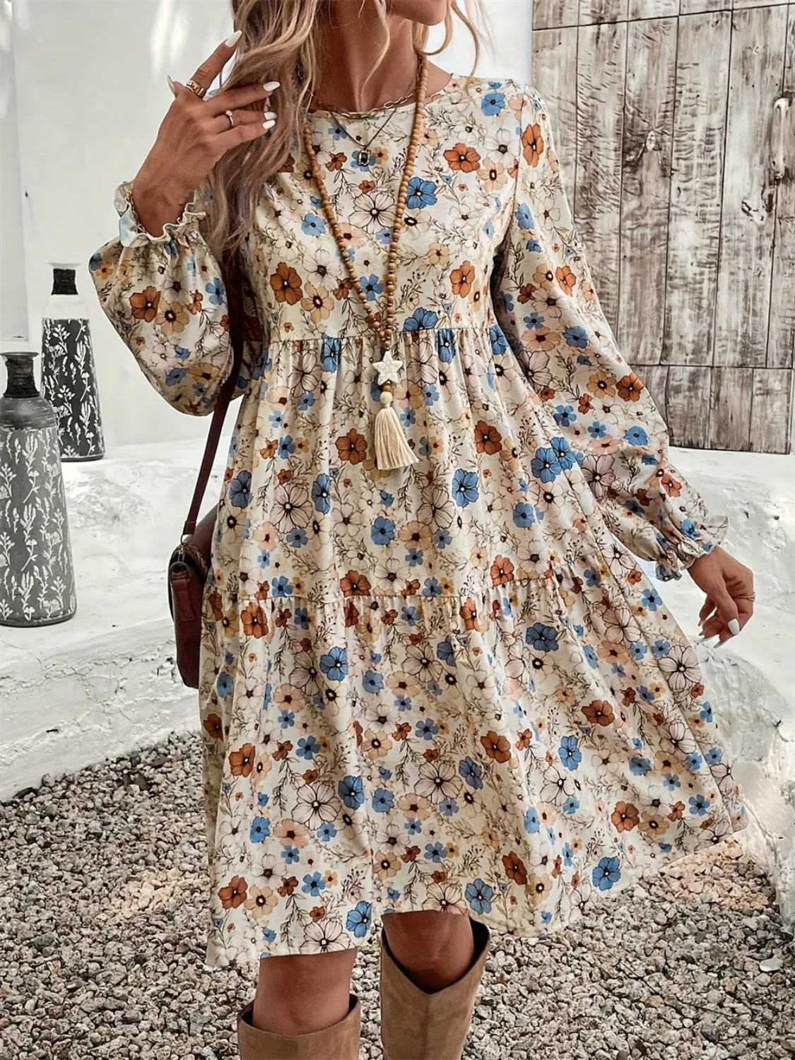 🌸 Ruffled Printed Round Neck Long Sleeve Dress 🌸