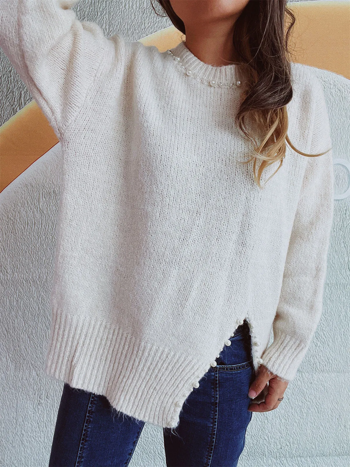 🌟 Slit Pearl Trim Round Neck Long Sleeve Sweater 🌟