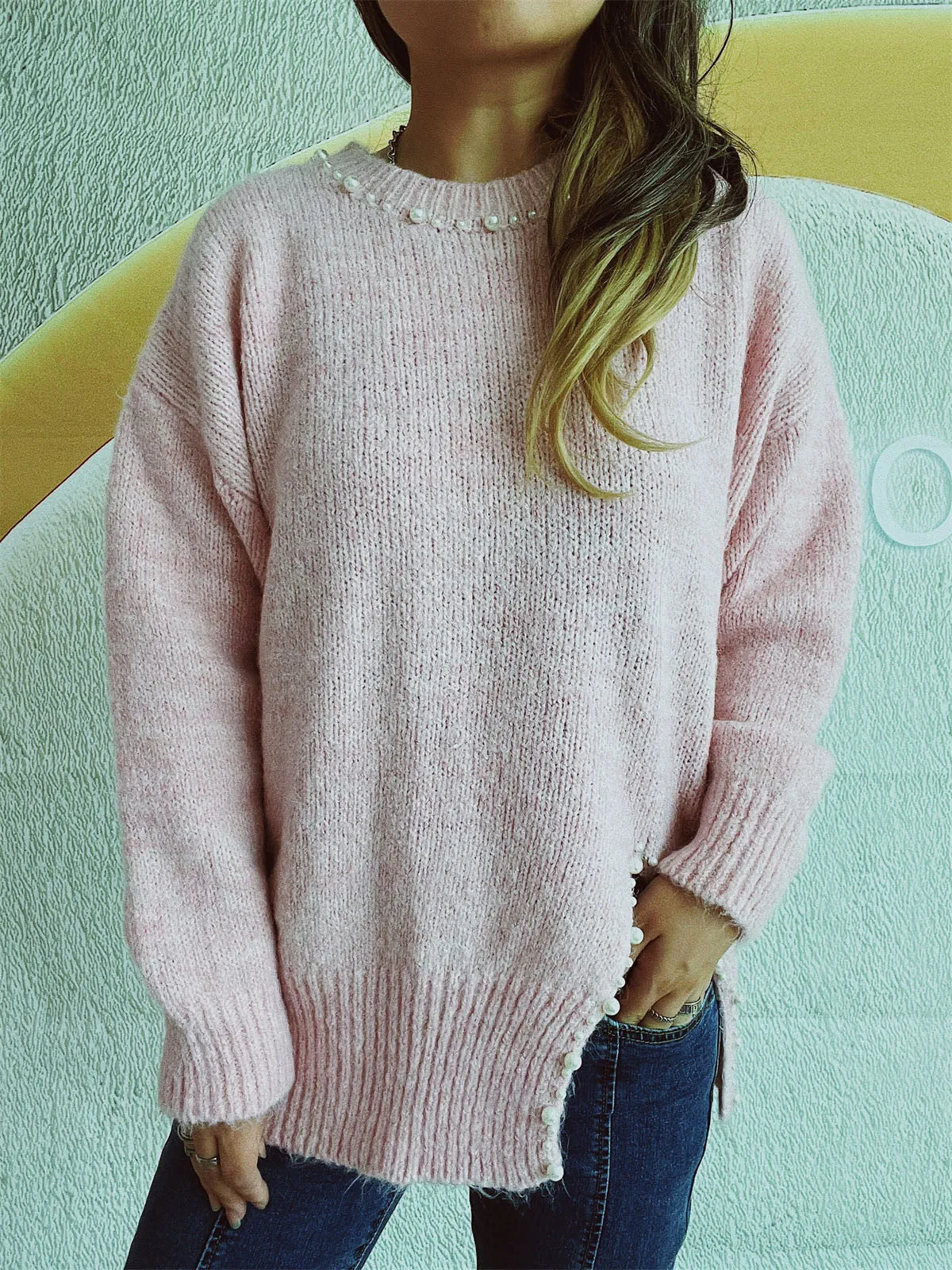 🌟 Slit Pearl Trim Round Neck Long Sleeve Sweater 🌟