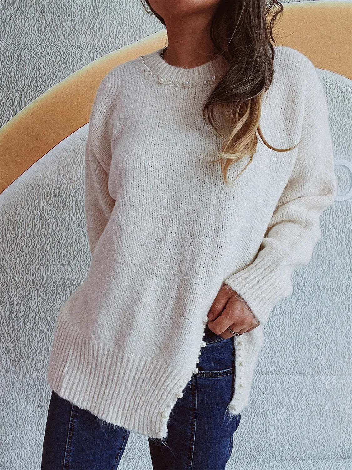 🌟 Slit Pearl Trim Round Neck Long Sleeve Sweater 🌟