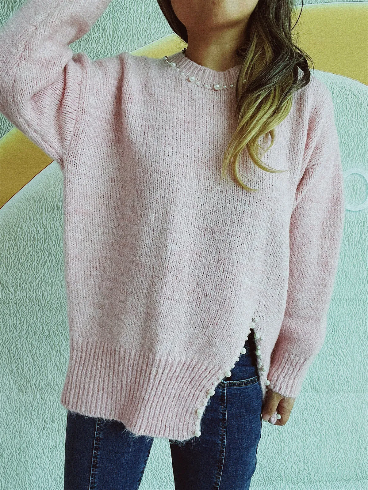 🌟 Slit Pearl Trim Round Neck Long Sleeve Sweater 🌟