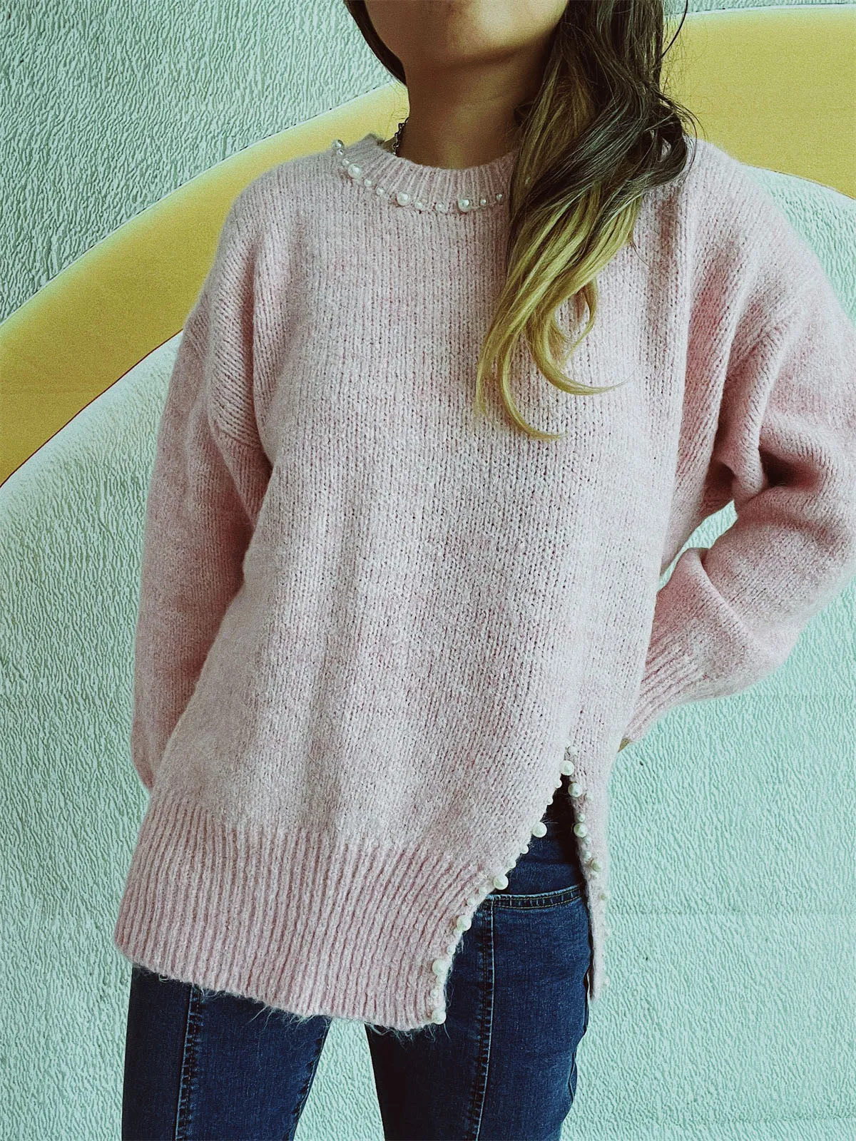 🌟 Slit Pearl Trim Round Neck Long Sleeve Sweater 🌟