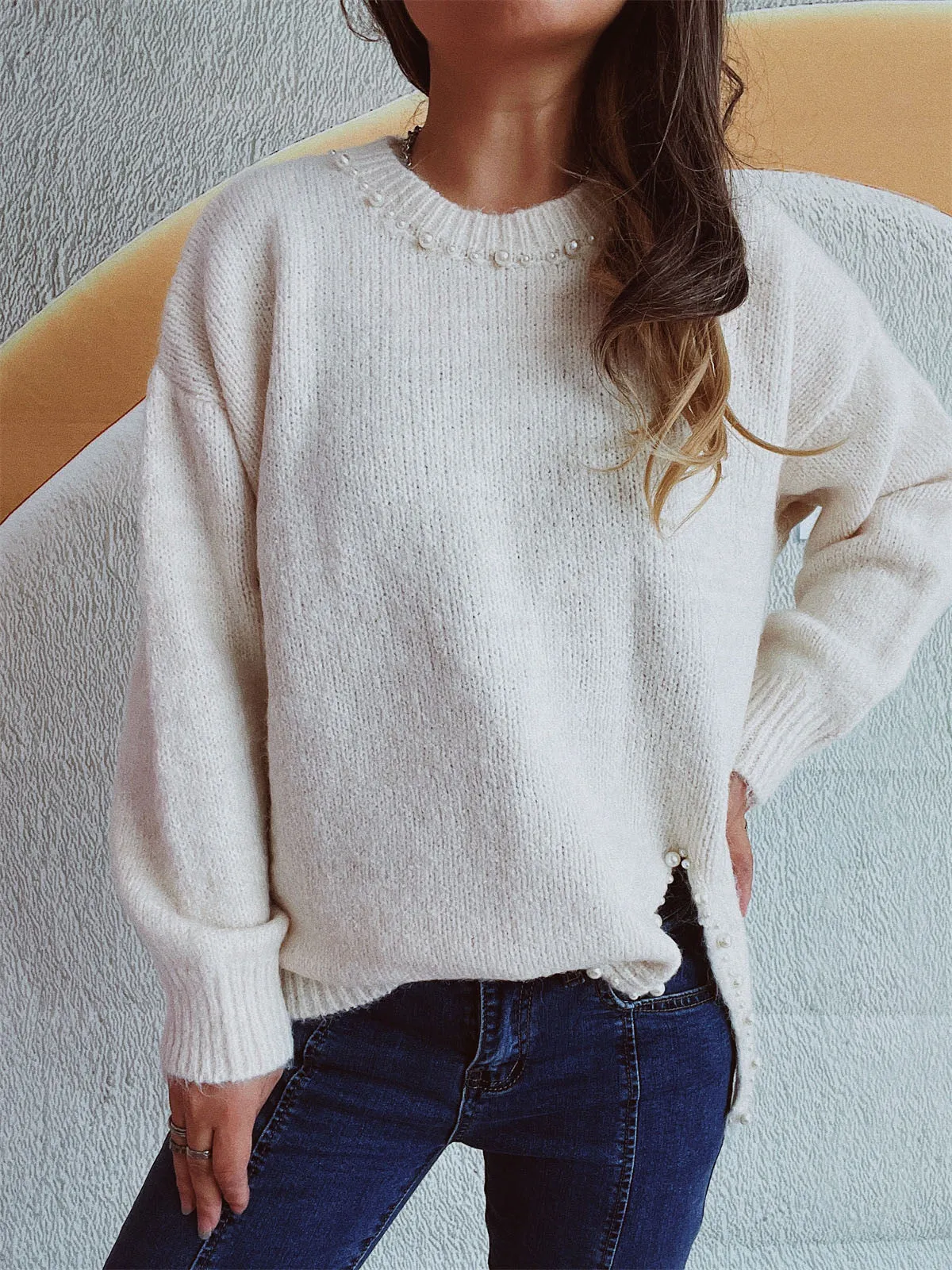 🌟 Slit Pearl Trim Round Neck Long Sleeve Sweater 🌟