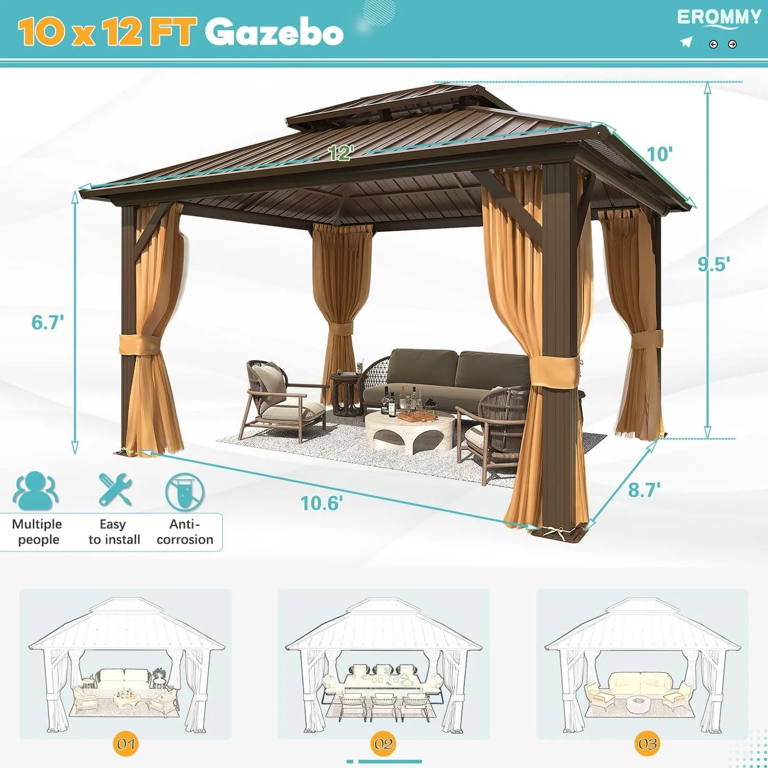 10' X 12' Hardtop Gazebo, Galvanized Steel Double Roof Gazebo with Aluminum Frame, Permanent Outdoor Metal Pavilion with Curtain and Netting for Patio, Lawn and Garden