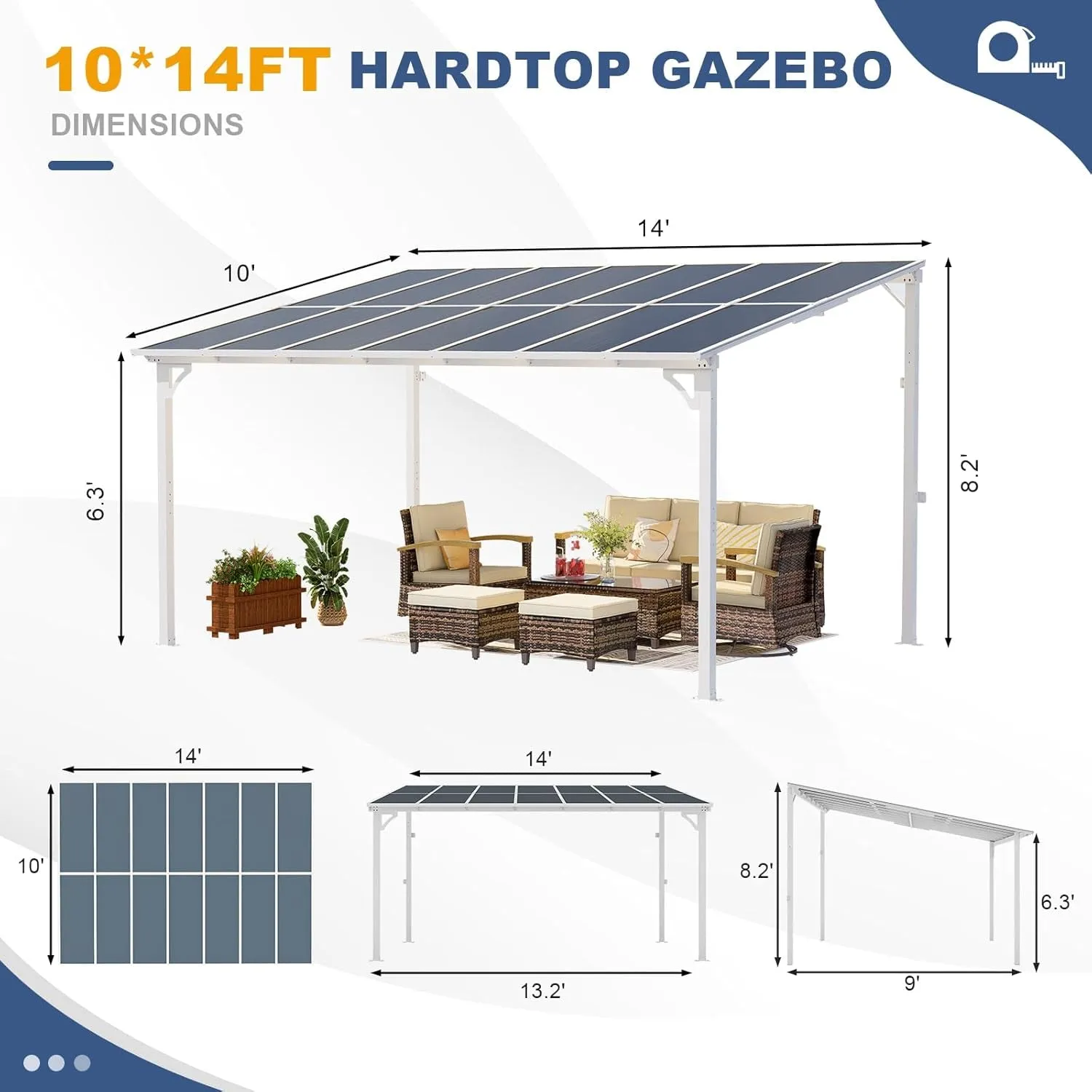 10' X 14' Gazebo, Wall Mounted Gazebo, Lean to Metal Awnings Gazebos, Gazebo Pergola with Sloped Roof, Outdoor Patio Gazebo Awning for Backyard, Deck, White