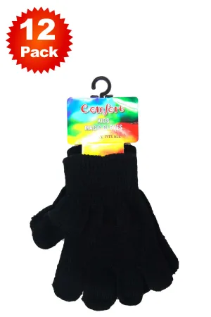 12 Pack Kids Black Woolly Knitted Plain Gloves