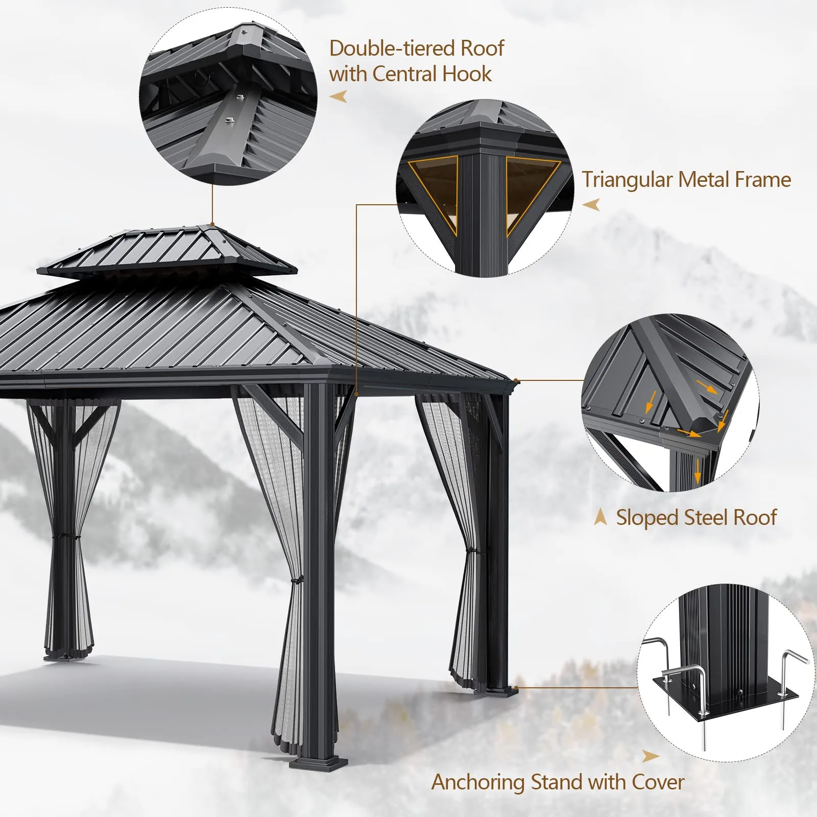 12ft x 10ft Hardtop Gazebo, 2-Tier Outdoor Gazebo w/ Double Vented Roof & Central Hook