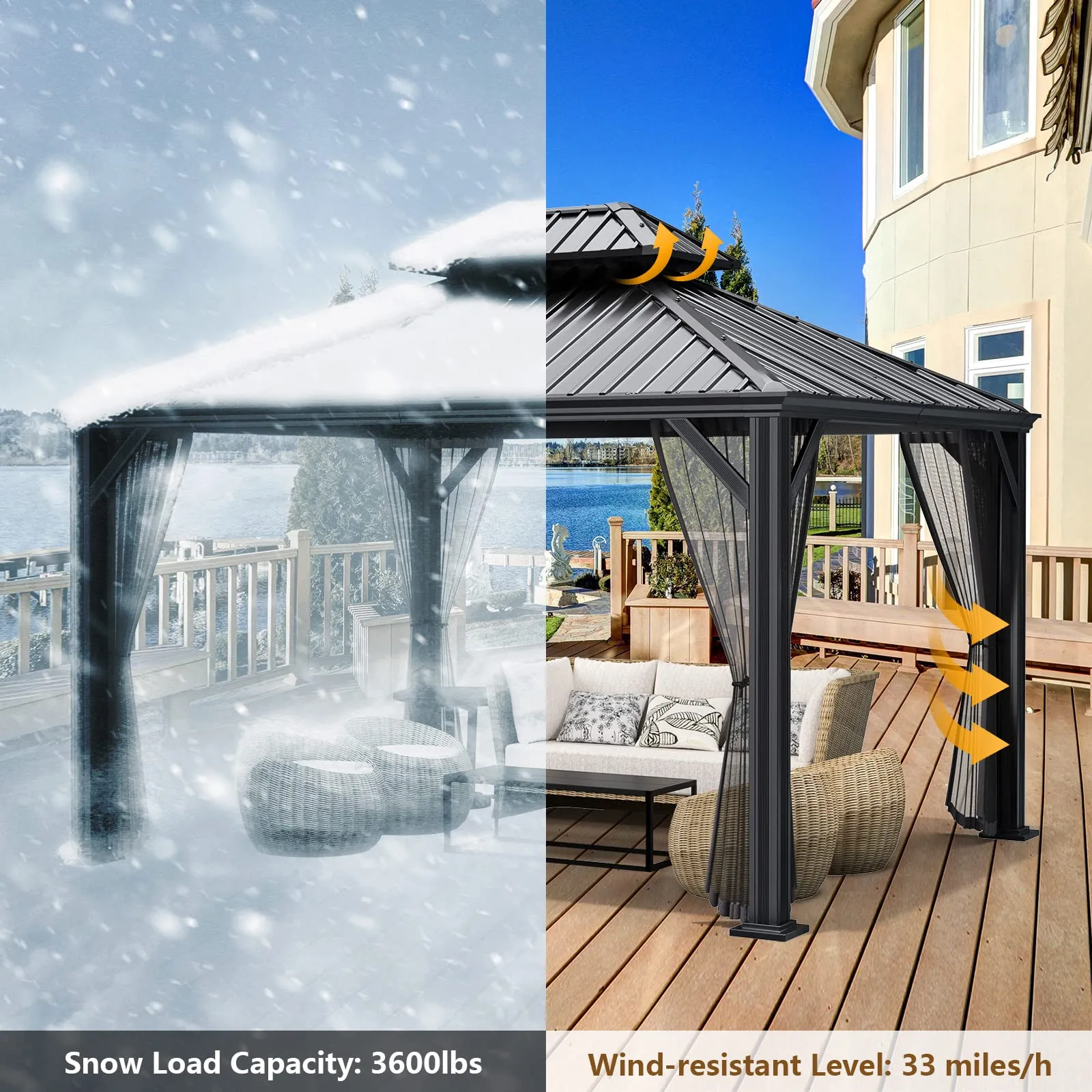 12ft x 10ft Hardtop Gazebo, 2-Tier Outdoor Gazebo w/ Double Vented Roof & Central Hook