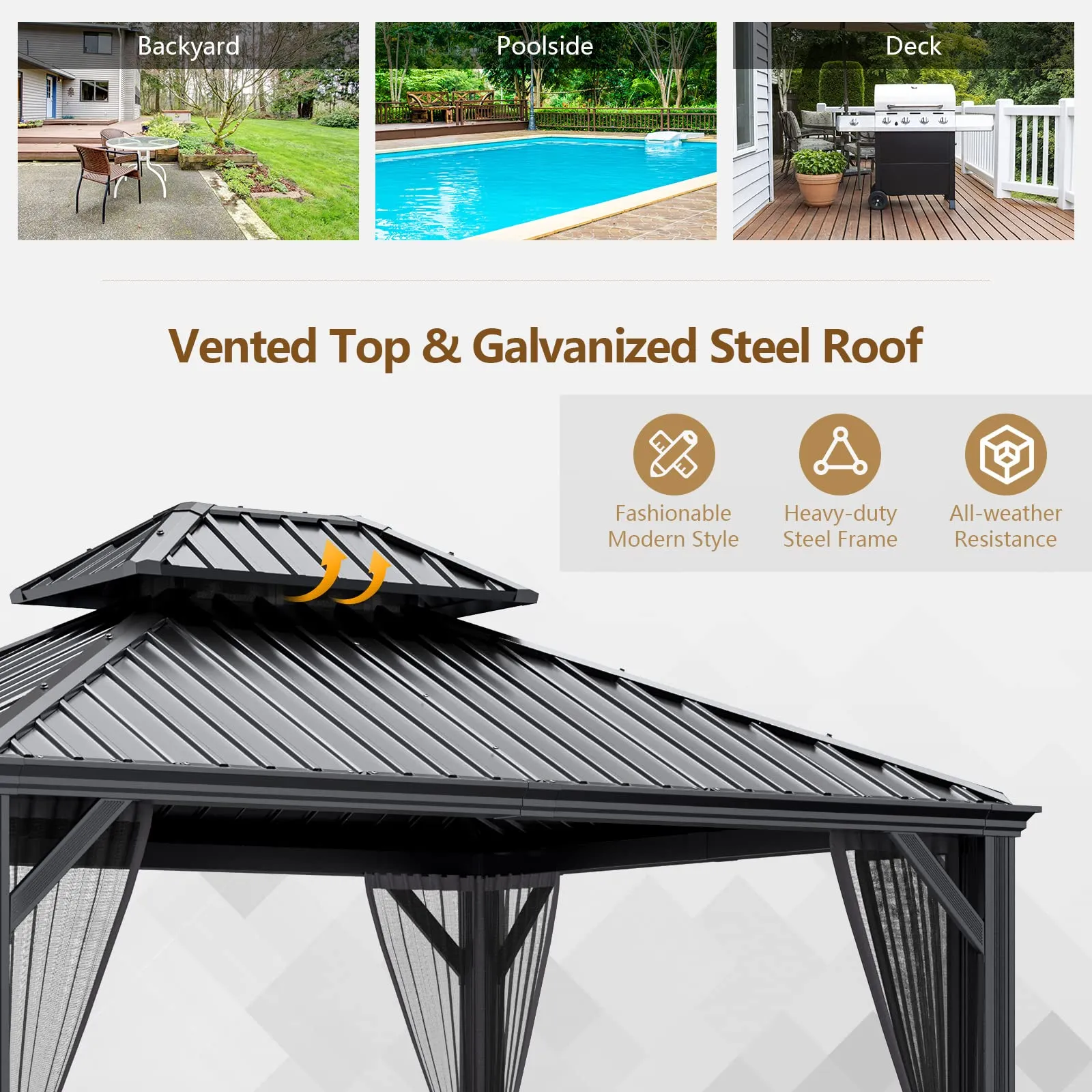 12ft x 10ft Hardtop Gazebo, 2-Tier Outdoor Gazebo w/ Double Vented Roof & Central Hook