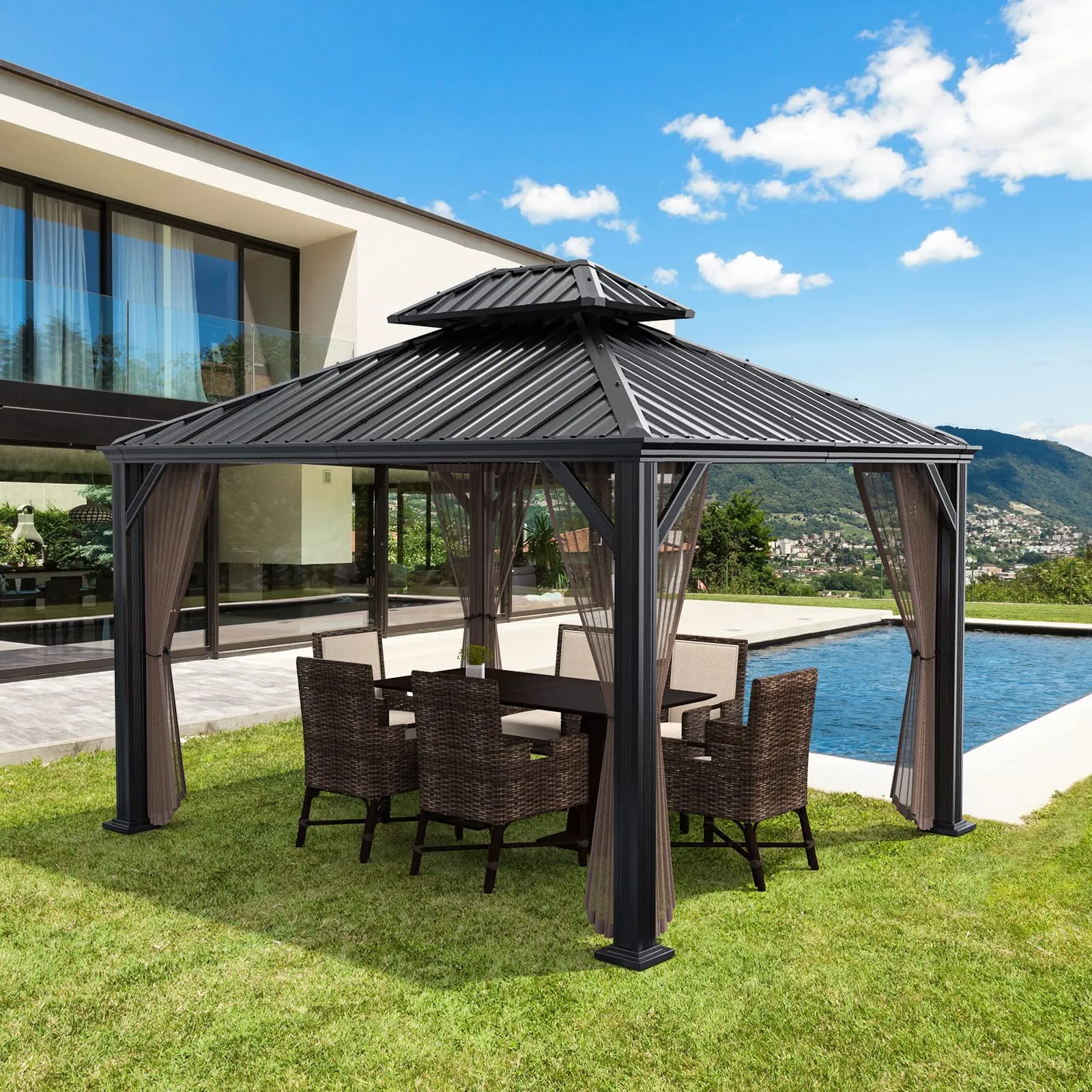 12ft x 10ft Hardtop Gazebo, 2-Tier Outdoor Gazebo w/ Double Vented Roof & Central Hook