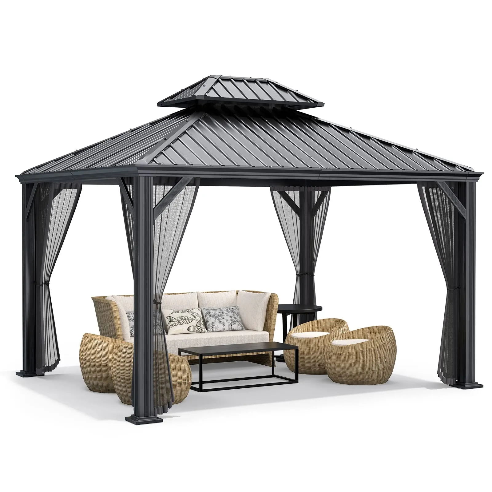 12ft x 10ft Hardtop Gazebo, 2-Tier Outdoor Gazebo w/ Double Vented Roof & Central Hook