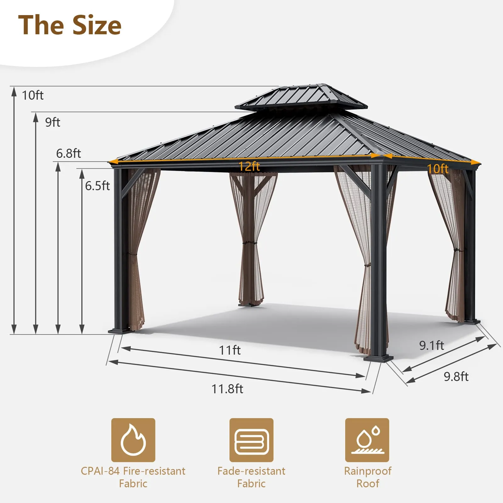 12ft x 10ft Hardtop Gazebo, 2-Tier Outdoor Gazebo w/ Double Vented Roof & Central Hook