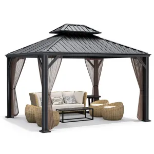 12ft x 10ft Hardtop Gazebo, 2-Tier Outdoor Gazebo w/ Double Vented Roof & Central Hook