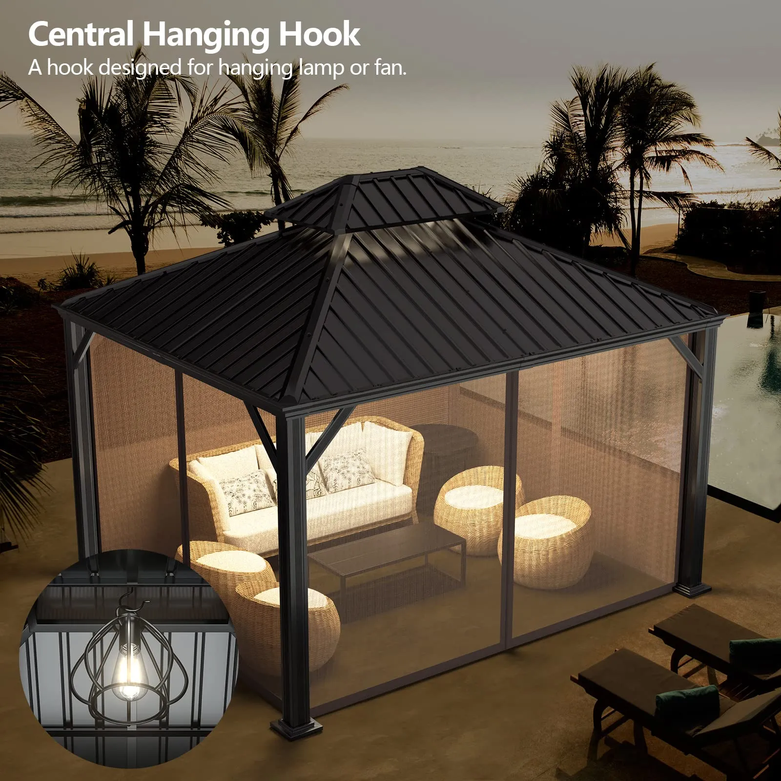 12ft x 10ft Hardtop Gazebo, 2-Tier Outdoor Gazebo w/ Double Vented Roof & Central Hook