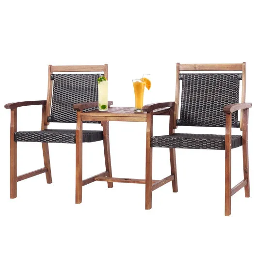 2-Seat Patio Rattan Acacia Wood Table with Umbrella Hole