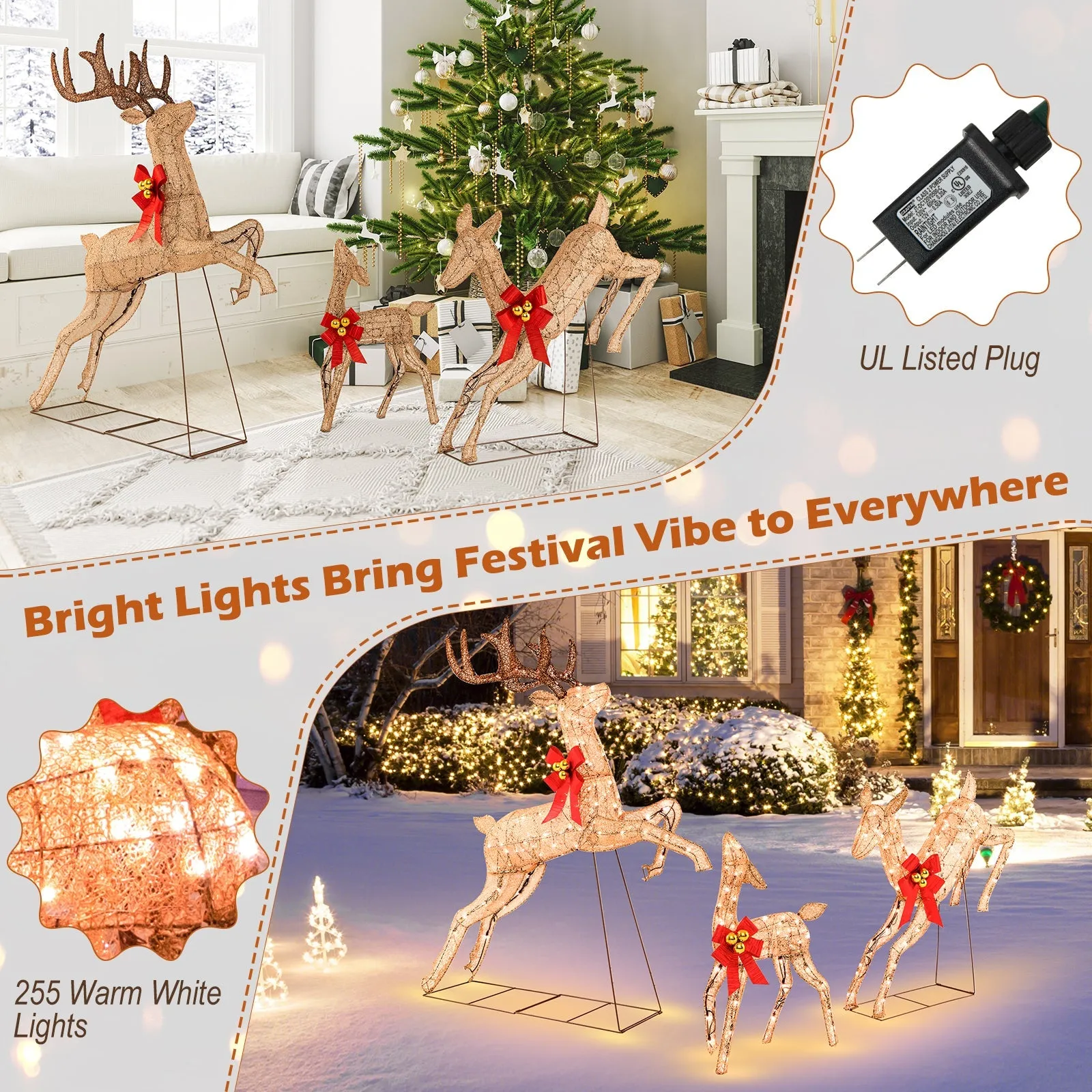 3 PCS Lighted Reindeer for Christmas Decoration