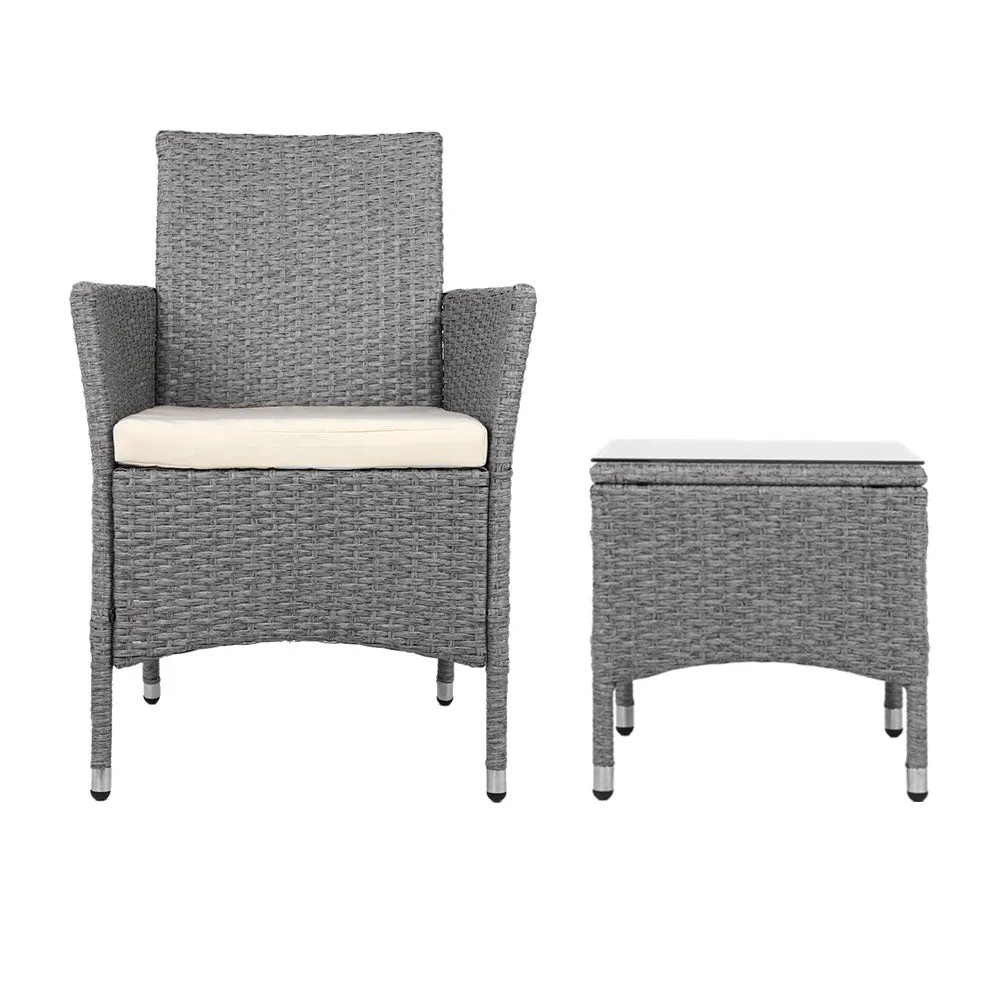 3 Piece Wicker Outdoor Furniture Set Armchair Side Table Patio Jack & Jill - Grey