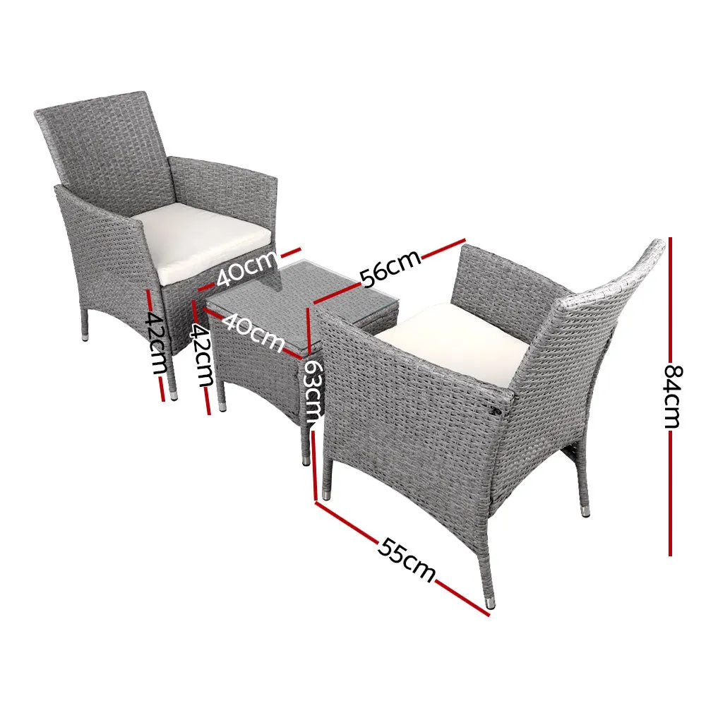 3 Piece Wicker Outdoor Furniture Set Armchair Side Table Patio Jack & Jill - Grey