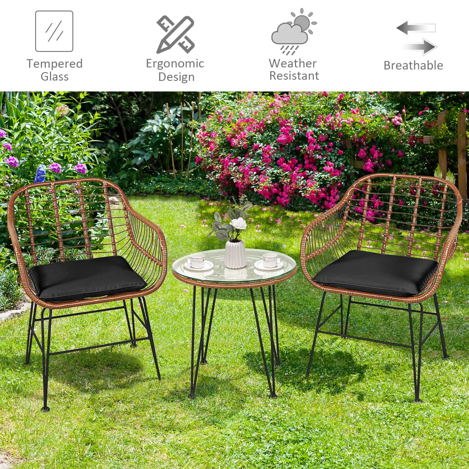 3 Pieces Patio Conversation Bistro Set, Outdoor Wicker Furniture w/Round Tempered Glass Top Table & 2 Rattan Armchairs