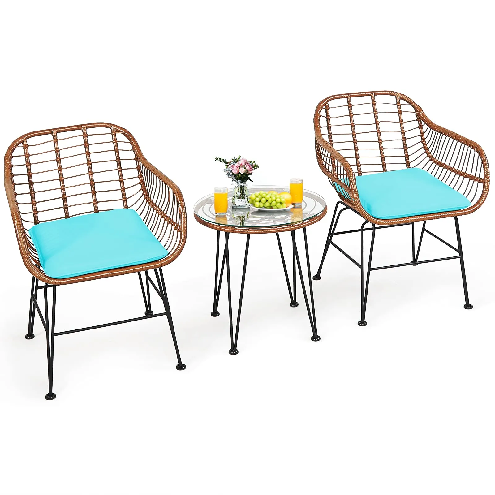 3 Pieces Patio Conversation Bistro Set, Outdoor Wicker Furniture w/Round Tempered Glass Top Table & 2 Rattan Armchairs