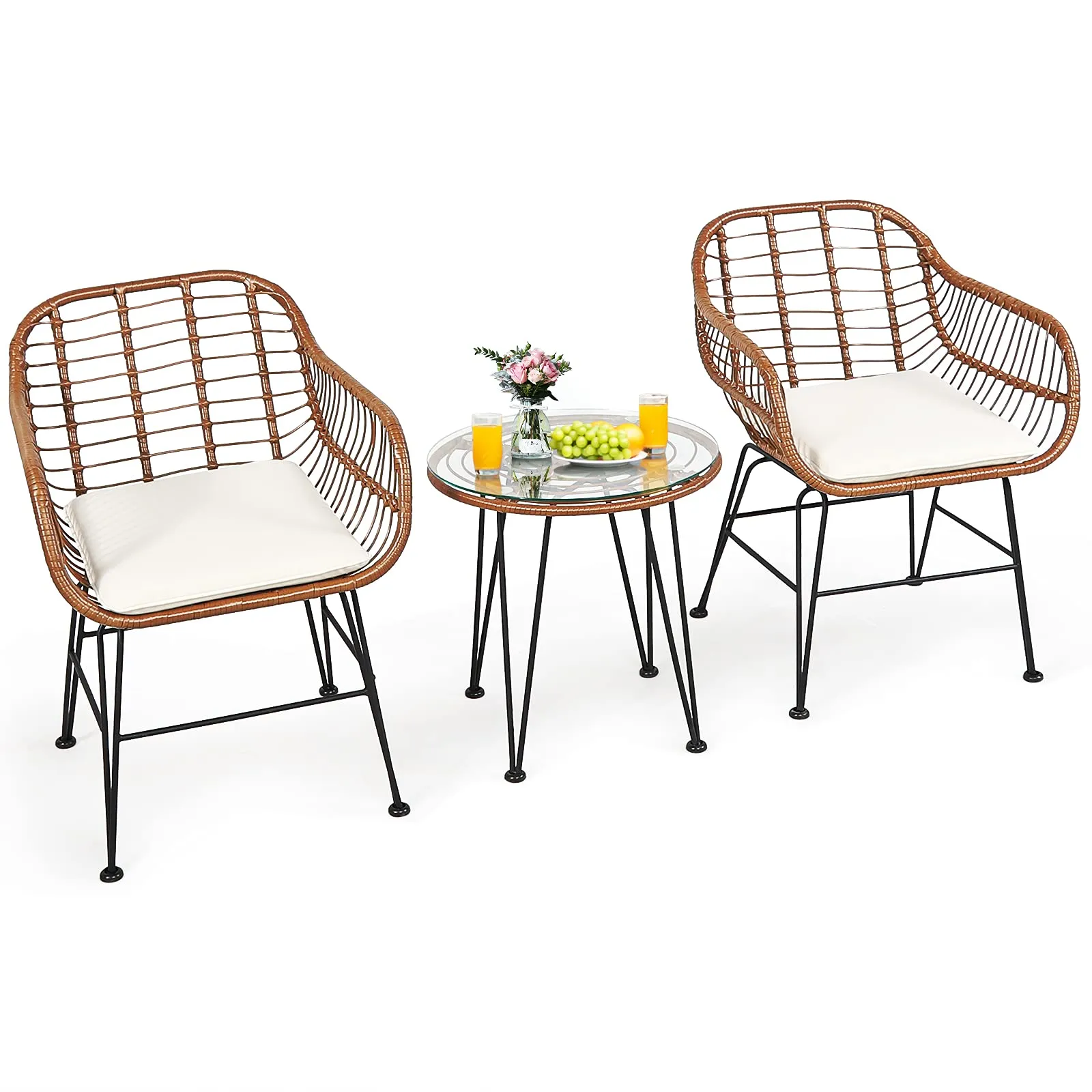 3 Pieces Patio Conversation Bistro Set, Outdoor Wicker Furniture w/Round Tempered Glass Top Table & 2 Rattan Armchairs