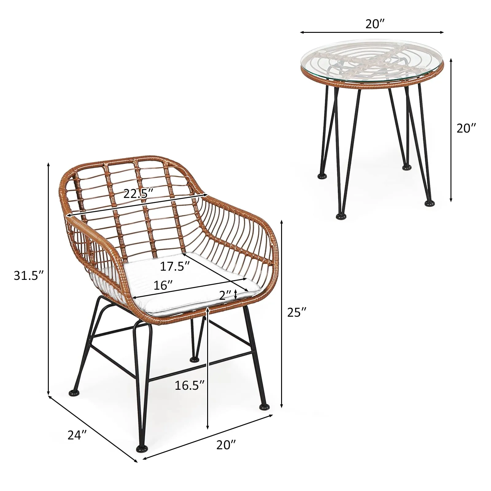 3 Pieces Patio Conversation Bistro Set, Outdoor Wicker Furniture w/Round Tempered Glass Top Table & 2 Rattan Armchairs