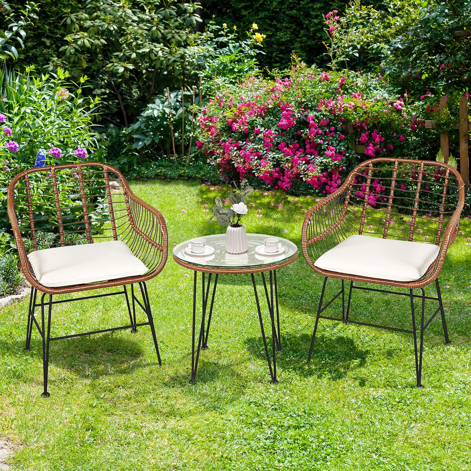 3 Pieces Patio Conversation Bistro Set, Outdoor Wicker Furniture w/Round Tempered Glass Top Table & 2 Rattan Armchairs