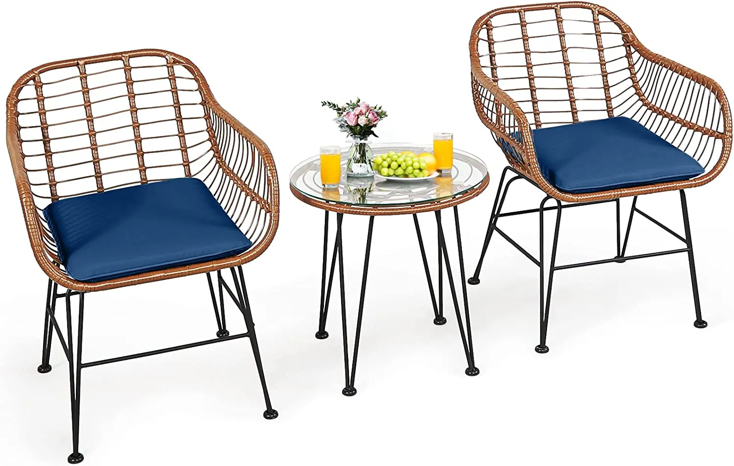 3 Pieces Patio Conversation Bistro Set, Outdoor Wicker Furniture w/Round Tempered Glass Top Table & 2 Rattan Armchairs