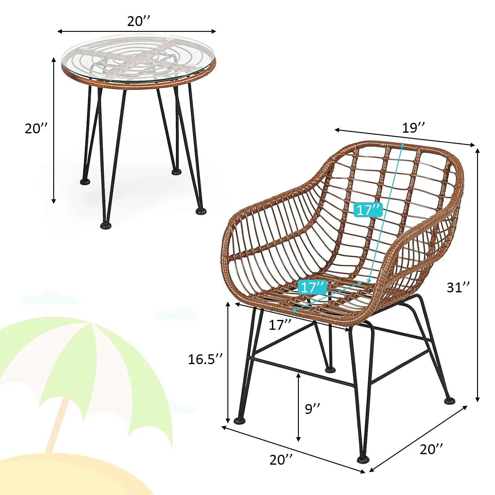 3 Pieces Patio Conversation Bistro Set, Outdoor Wicker Furniture w/Round Tempered Glass Top Table & 2 Rattan Armchairs