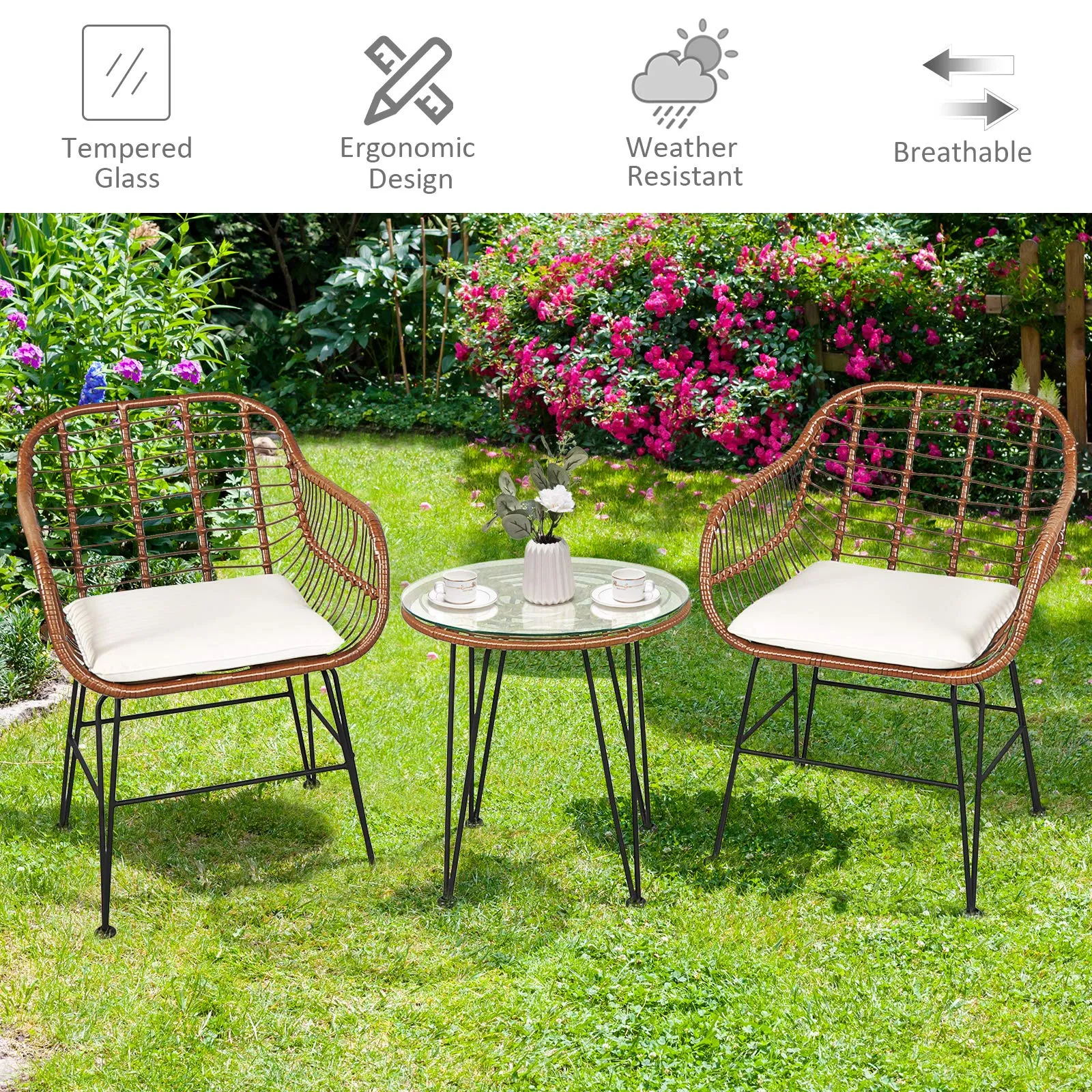 3 Pieces Patio Conversation Bistro Set, Outdoor Wicker Furniture w/Round Tempered Glass Top Table & 2 Rattan Armchairs