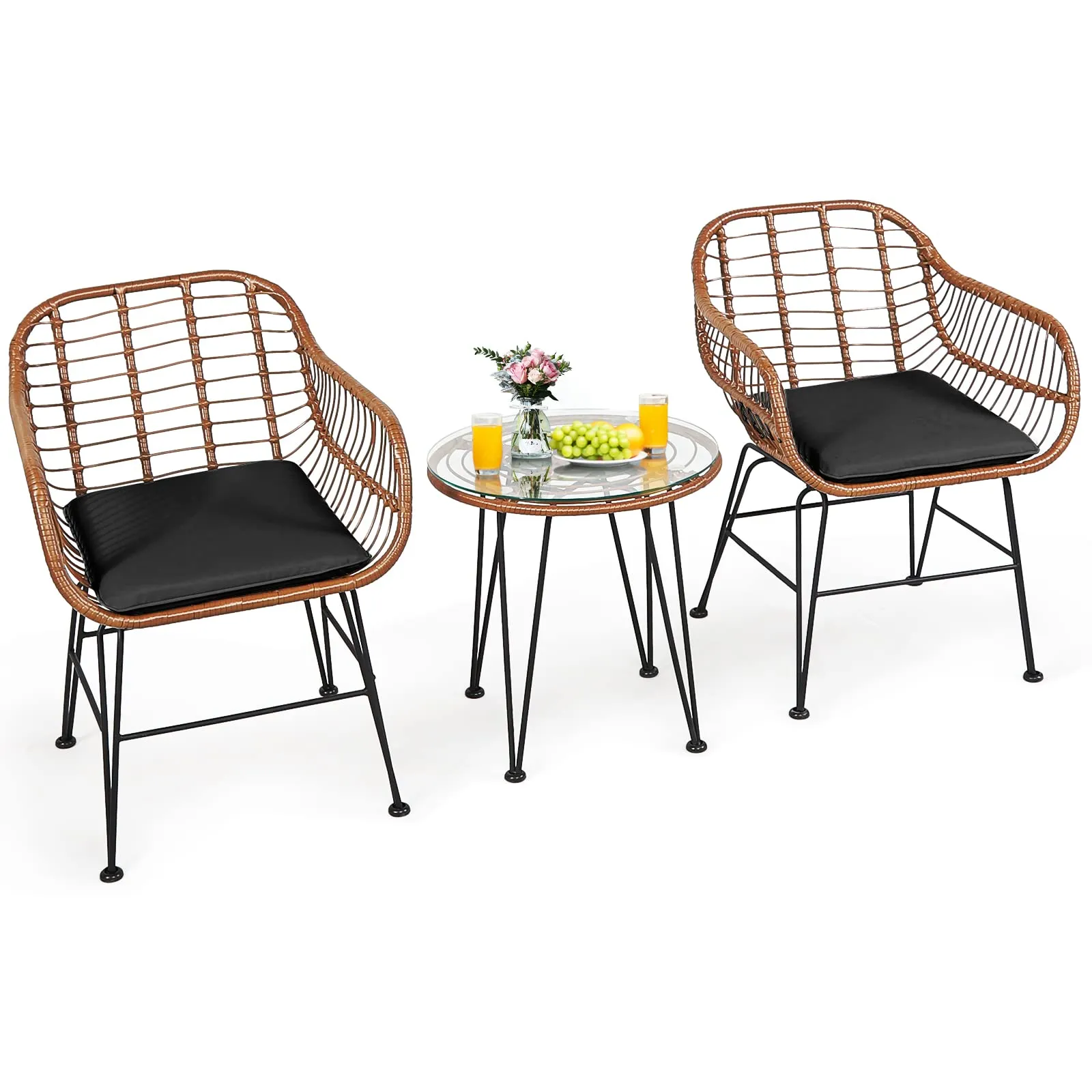 3 Pieces Patio Conversation Bistro Set, Outdoor Wicker Furniture w/Round Tempered Glass Top Table & 2 Rattan Armchairs