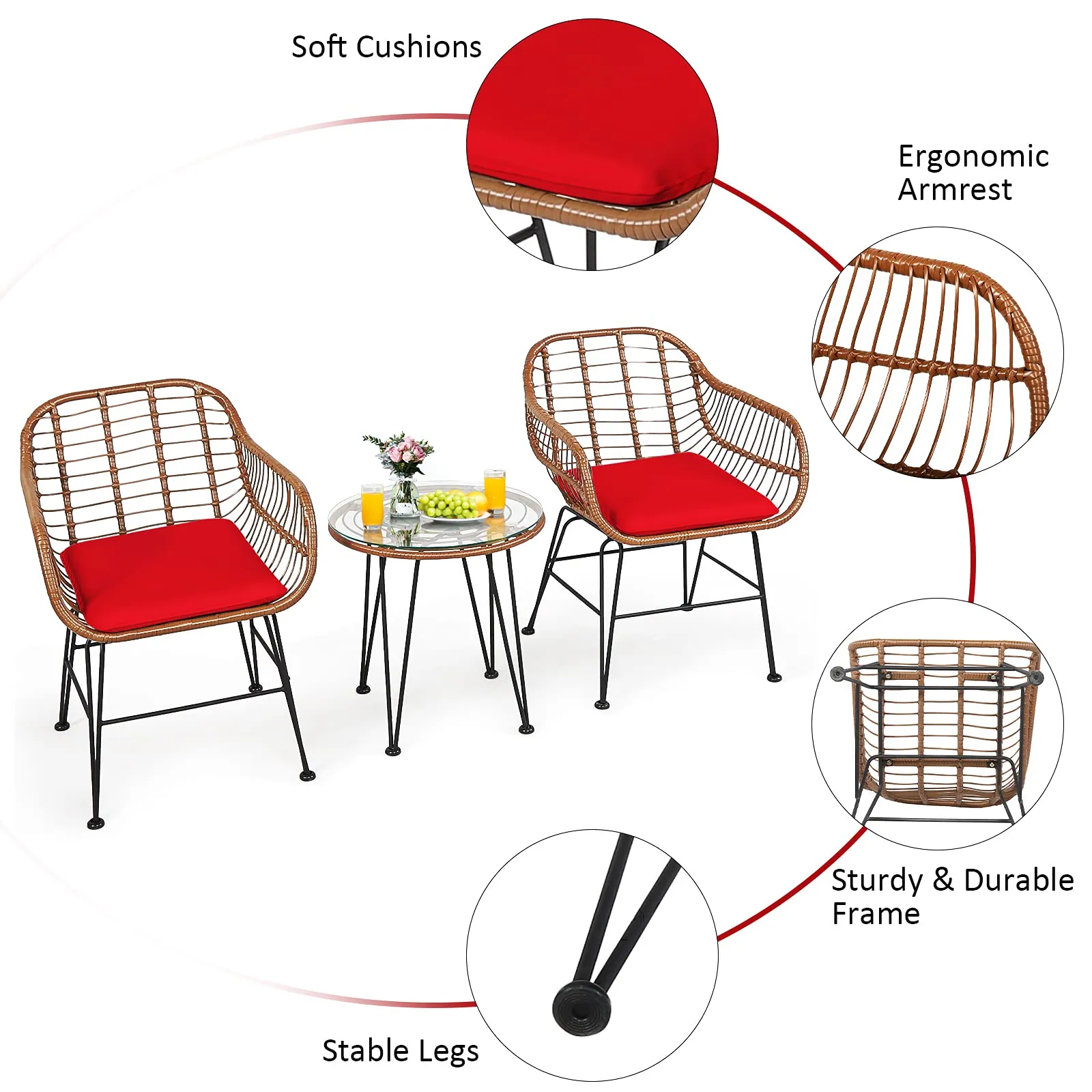 3 Pieces Patio Conversation Bistro Set, Outdoor Wicker Furniture w/Round Tempered Glass Top Table & 2 Rattan Armchairs