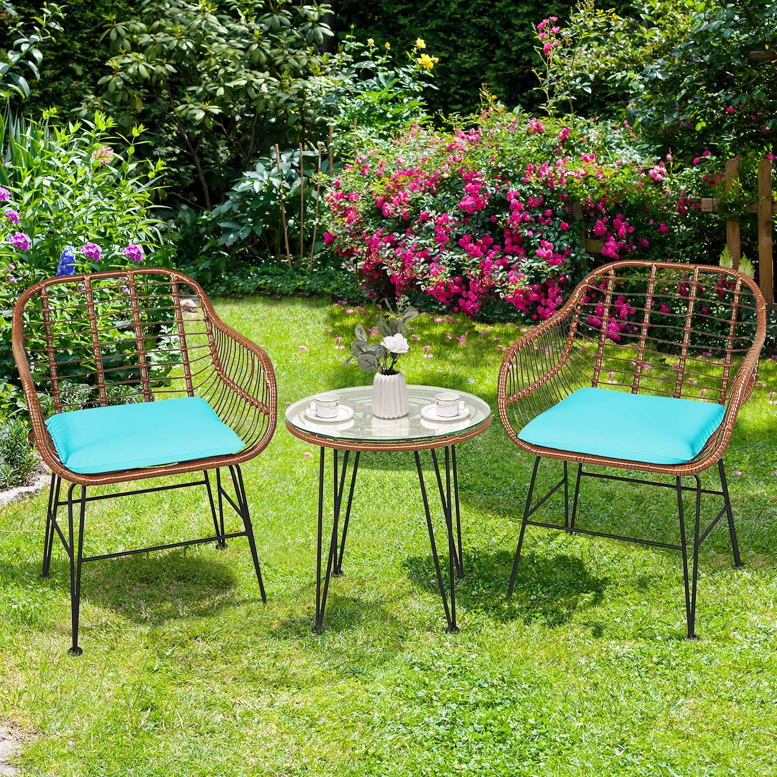 3 Pieces Patio Conversation Bistro Set, Outdoor Wicker Furniture w/Round Tempered Glass Top Table & 2 Rattan Armchairs