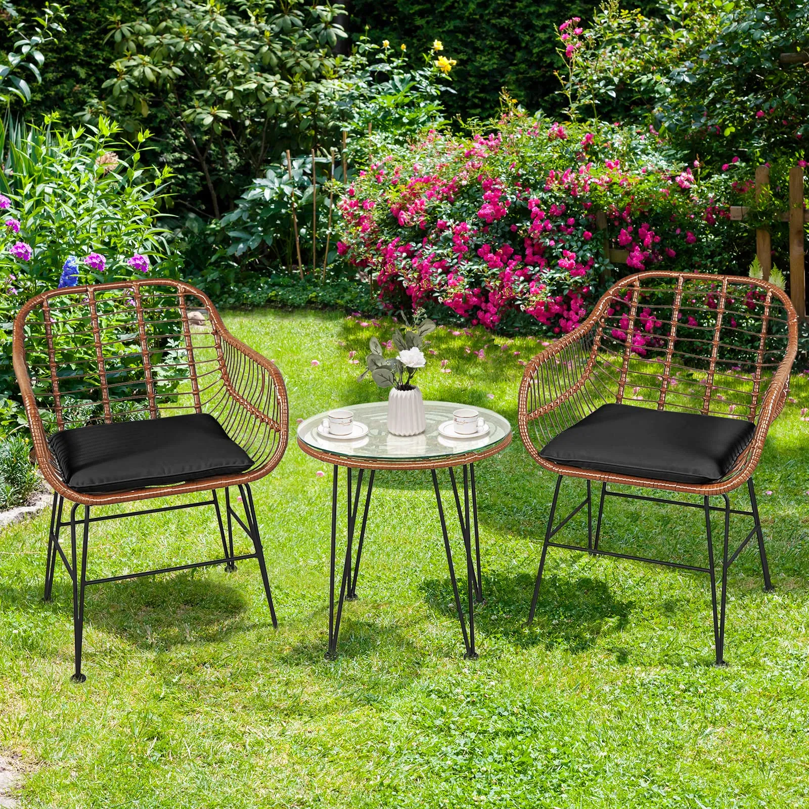 3 Pieces Patio Conversation Bistro Set, Outdoor Wicker Furniture w/Round Tempered Glass Top Table & 2 Rattan Armchairs