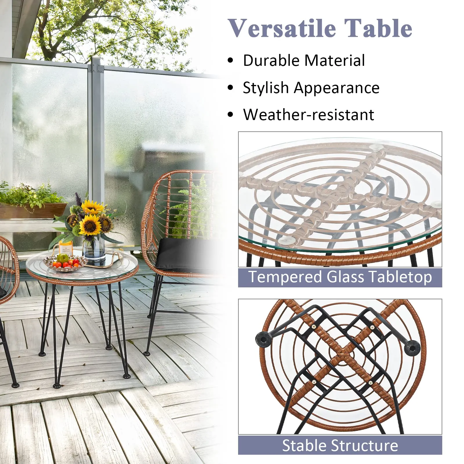 3 Pieces Patio Conversation Bistro Set, Outdoor Wicker Furniture w/Round Tempered Glass Top Table & 2 Rattan Armchairs