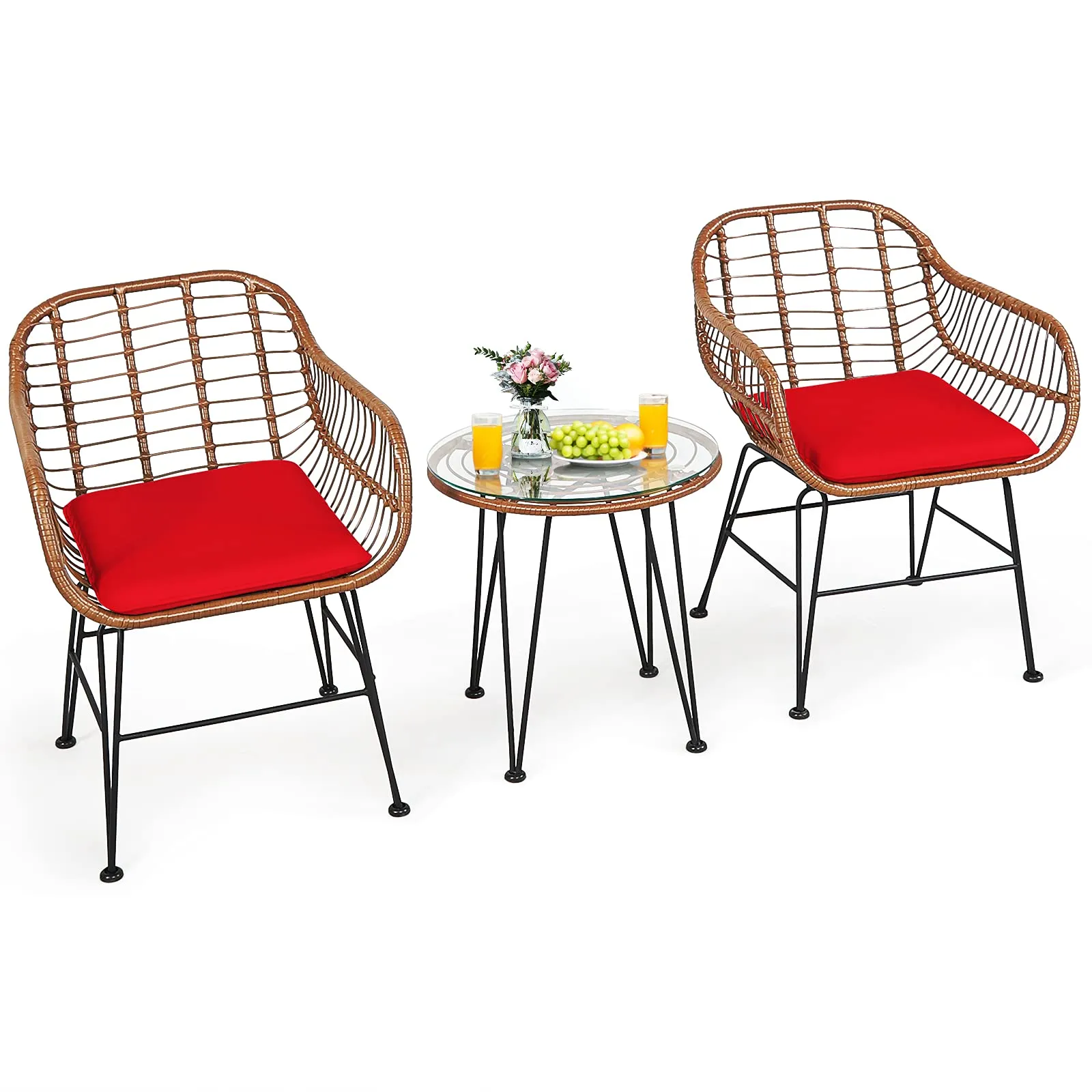 3 Pieces Patio Conversation Bistro Set, Outdoor Wicker Furniture w/Round Tempered Glass Top Table & 2 Rattan Armchairs