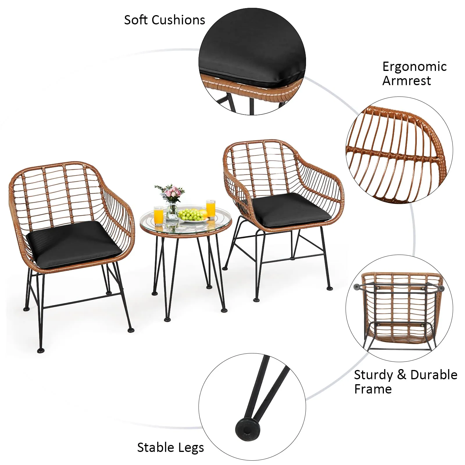 3 Pieces Patio Conversation Bistro Set, Outdoor Wicker Furniture w/Round Tempered Glass Top Table & 2 Rattan Armchairs