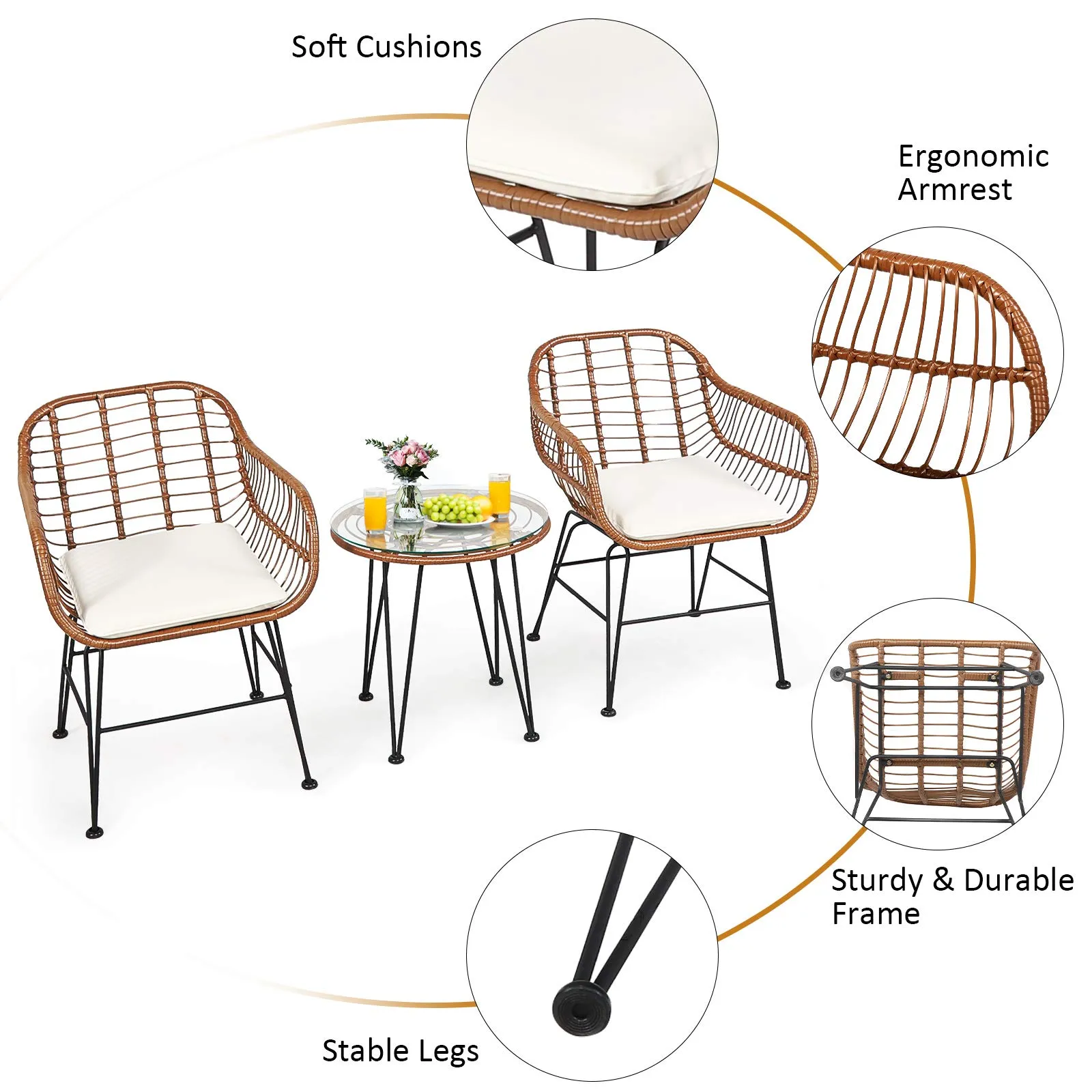 3 Pieces Patio Conversation Bistro Set, Outdoor Wicker Furniture w/Round Tempered Glass Top Table & 2 Rattan Armchairs