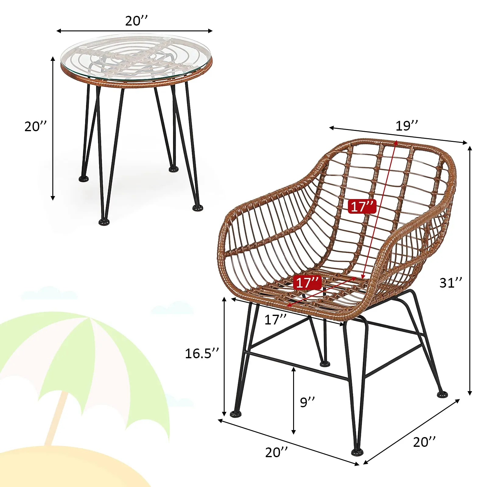 3 Pieces Patio Conversation Bistro Set, Outdoor Wicker Furniture w/Round Tempered Glass Top Table & 2 Rattan Armchairs