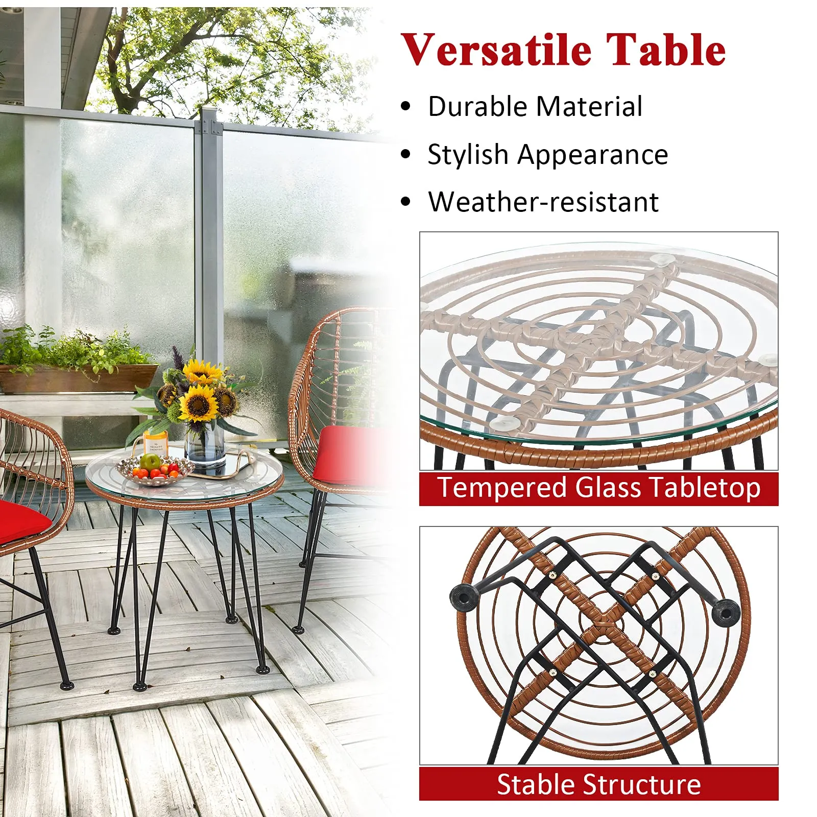 3 Pieces Patio Conversation Bistro Set, Outdoor Wicker Furniture w/Round Tempered Glass Top Table & 2 Rattan Armchairs