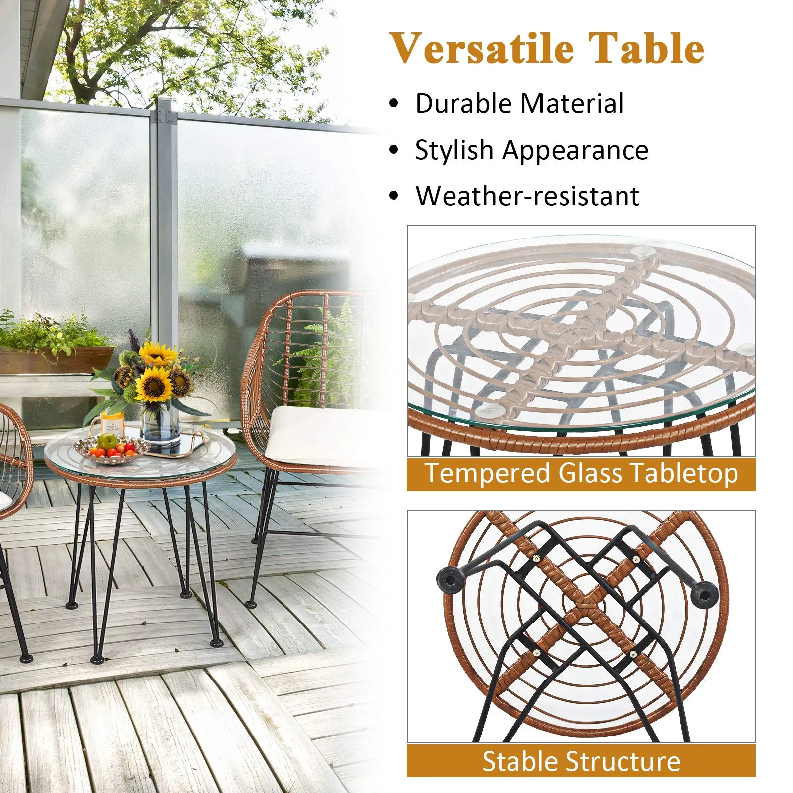 3 Pieces Patio Conversation Bistro Set, Outdoor Wicker Furniture w/Round Tempered Glass Top Table & 2 Rattan Armchairs