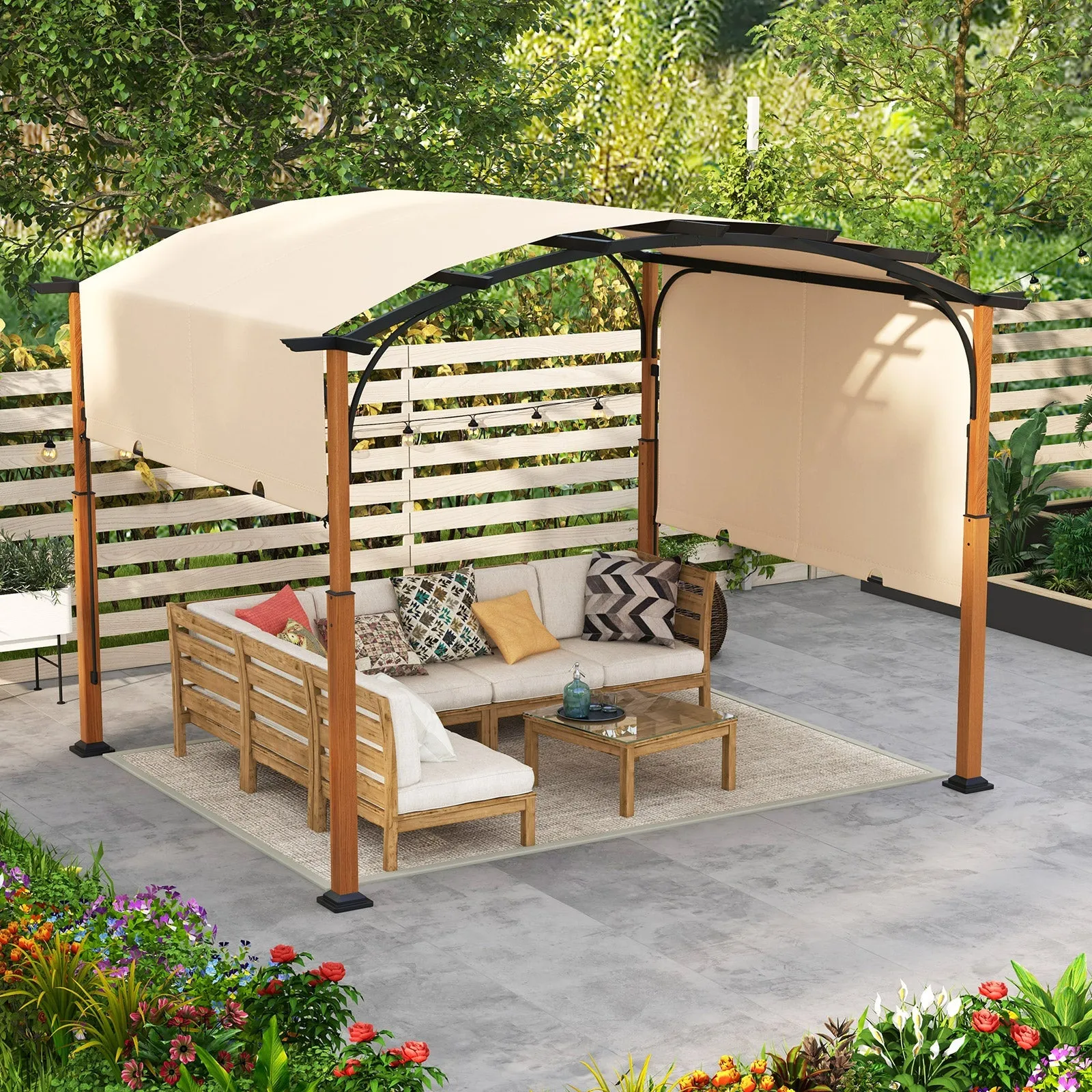 300 x 360 cm Retractable Pergola Arched Patio Pergola with Sun Shade Canopy-Beige