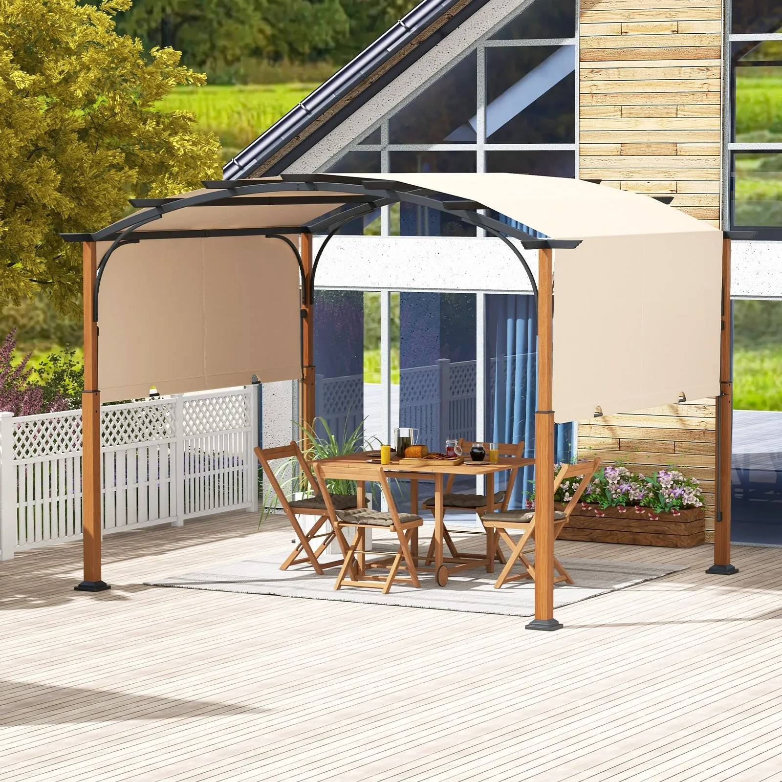 300 x 360 cm Retractable Pergola Arched Patio Pergola with Sun Shade Canopy-Beige