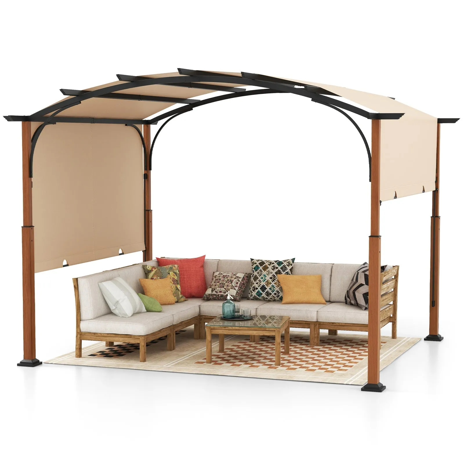 300 x 360 cm Retractable Pergola Arched Patio Pergola with Sun Shade Canopy-Beige