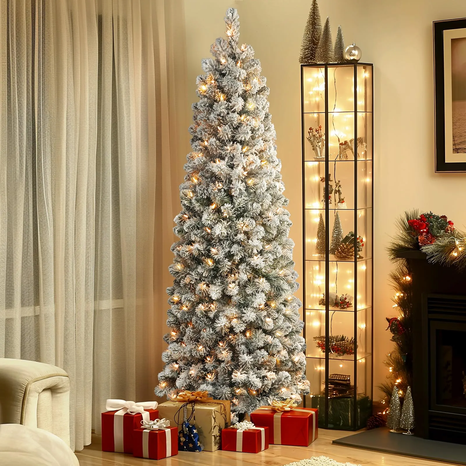 5ft Prelit Warm White Lights Snow Flocked Artificial Hinged Slim Pencil Christmas Tree