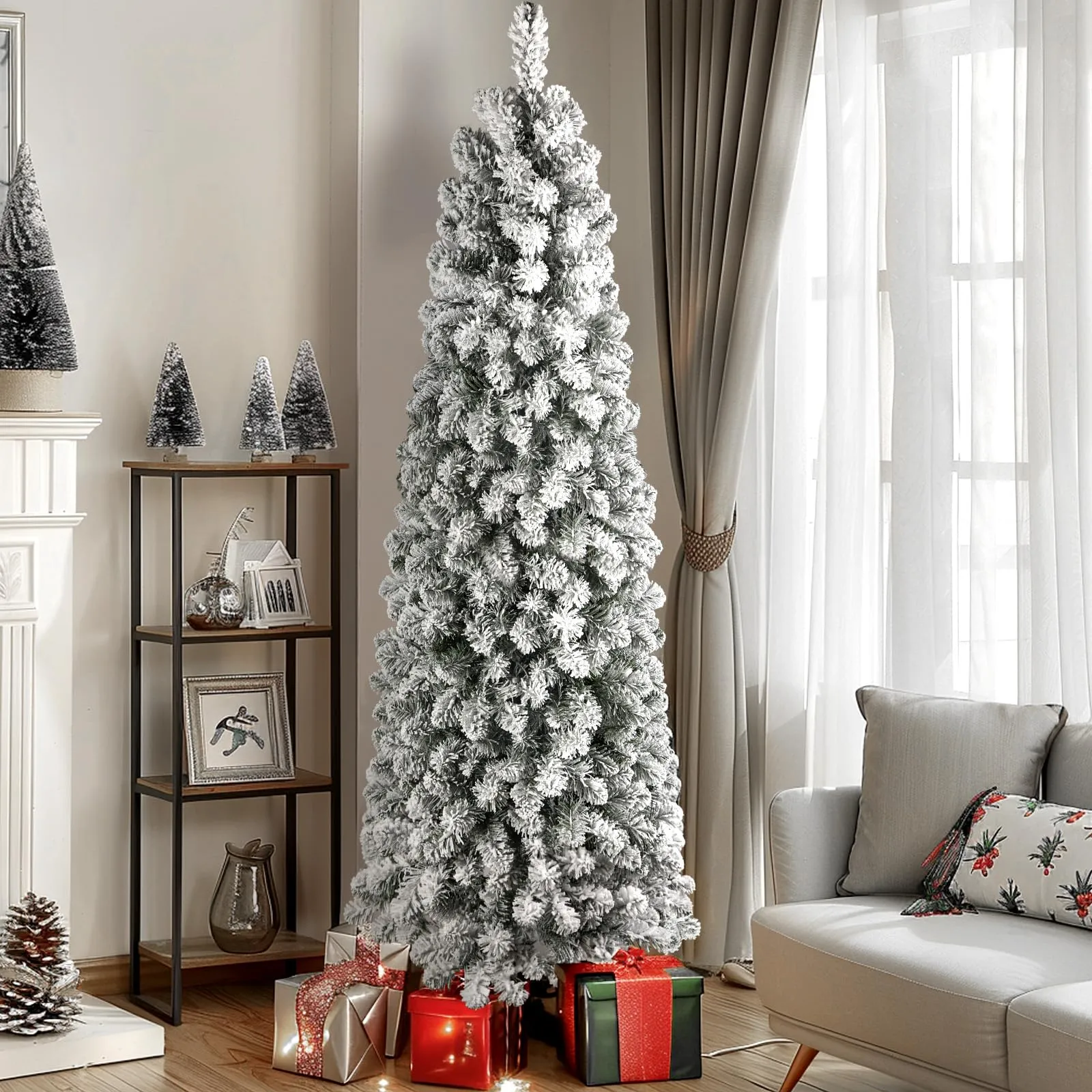 5ft Prelit Warm White Lights Snow Flocked Artificial Hinged Slim Pencil Christmas Tree