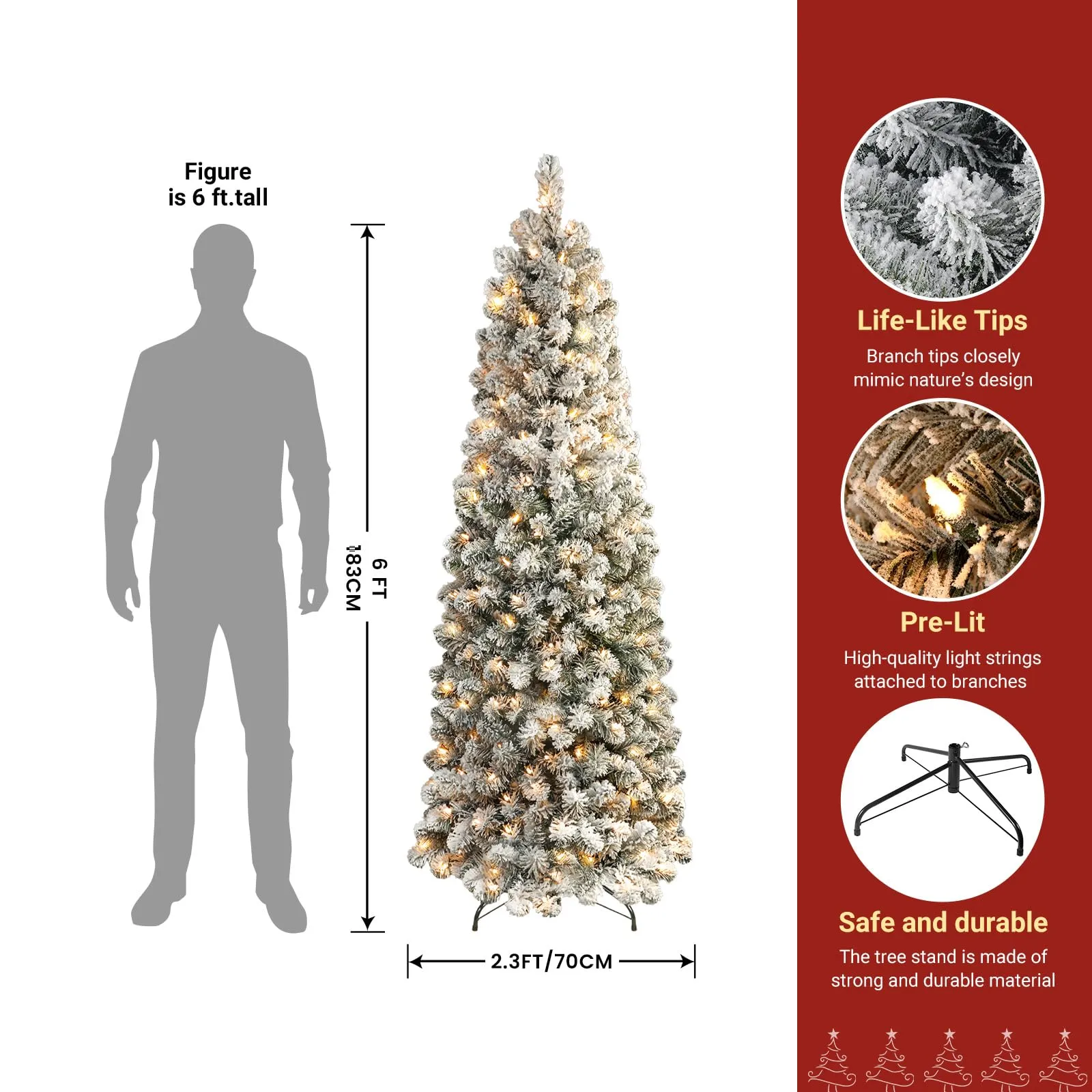 6ft Prelit Warm White Lights Snow Flocked Artificial Hinged Slim Pencil Christmas Tree